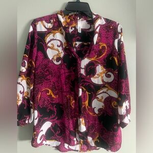 NY Collection Women's Tie neck Blouse with Pink/Gold Swirls 3/4 cinched sleeve L